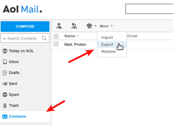 Image of export contacts from AOL