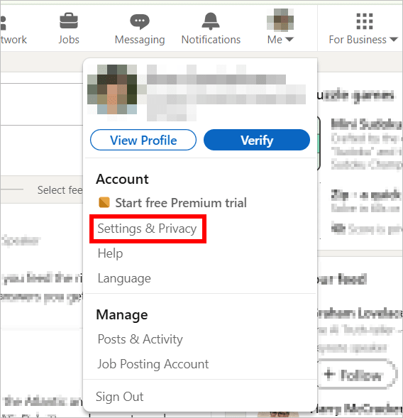 LinkedIn highlights the Settings and Privacy button