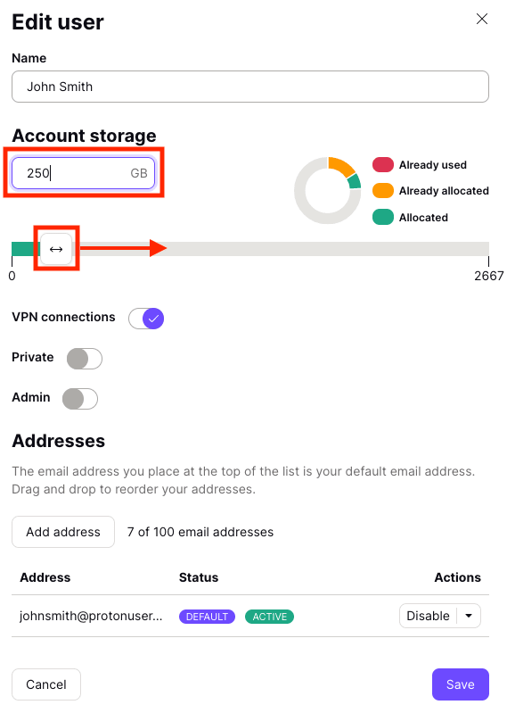 Account storage field and slider to increase or decrease storage