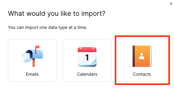 Options to import via Easy Switch: emails, calendars, or contacts