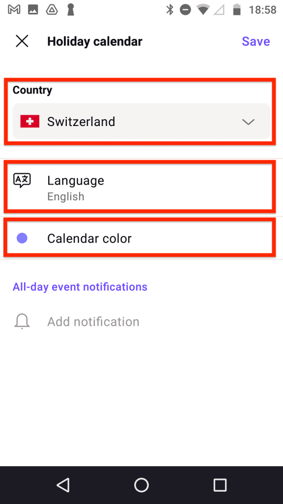 Public holiday dropdown menus on Android