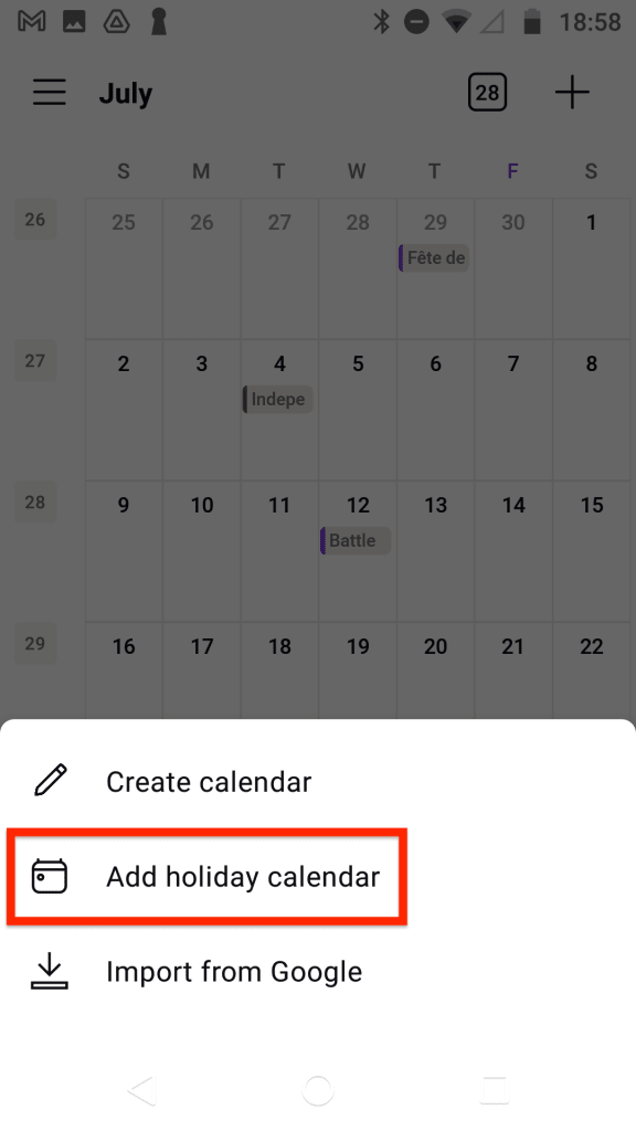 Opzione Aggiungi un calendario dei giorni festivi