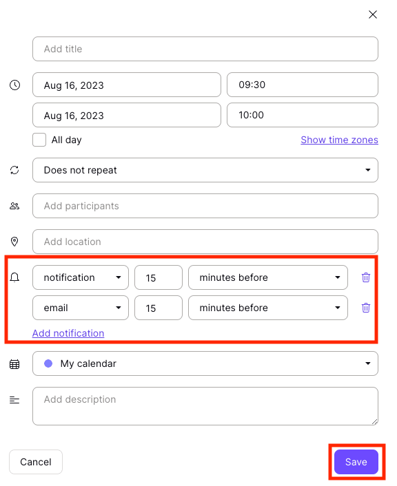 Create event notifications dropdowns