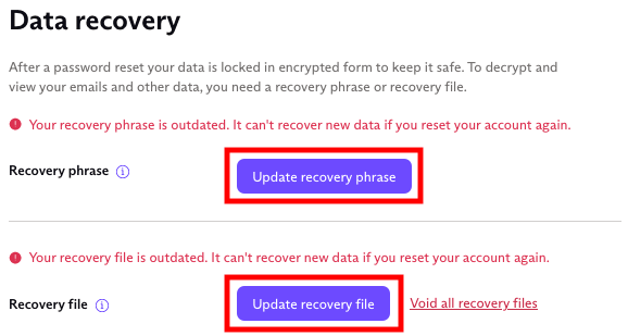 Buttons to update your recovery phrase or recovery file