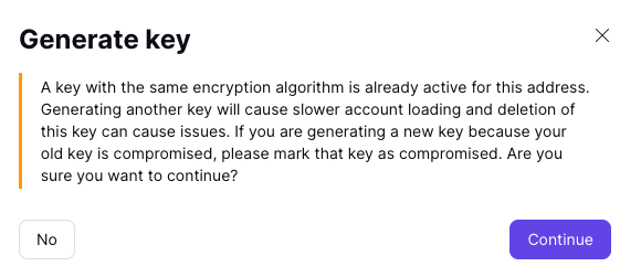 Warning that generating new keys may slow down Proton Mail loading