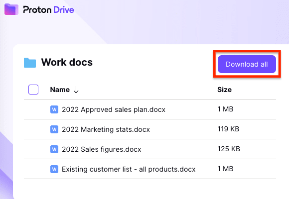 Proton Drive Download all button to download shared files