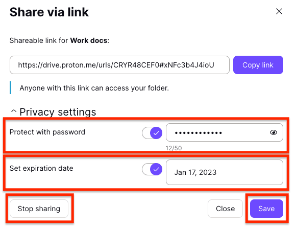 Proton Drive options to protect a shareable link with a password, change its expiration date, or stop sharing