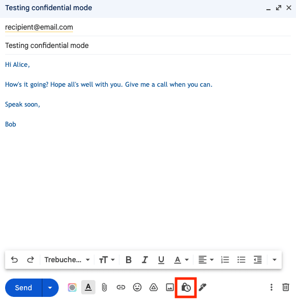 Symbol für den Vertraulichkeitsmodus, um eine passwortgeschützte E-Mail in Gmail zu erstellen