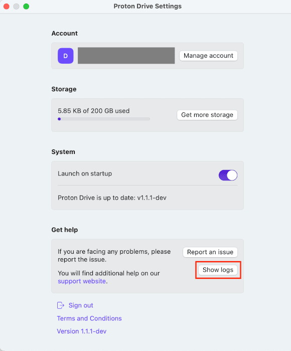 Proton Drive settings screen on MacOS