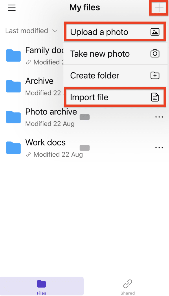 Upload a photo and Import file options in Proton Drive for iOS