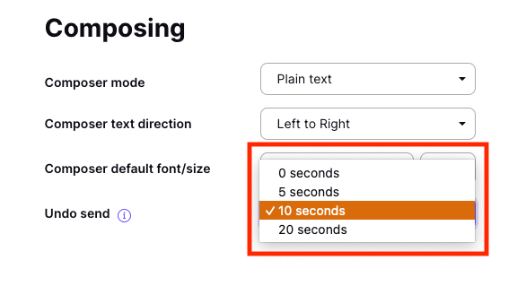 Dropdown menu to choose the duration for Undo Send