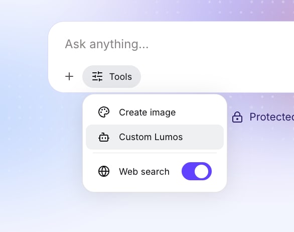 Lumo interface showing the Tools menu dropdown with the Custom Lumos button highlighted.