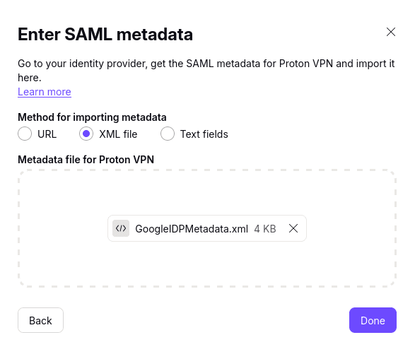 Enter SAML metadata