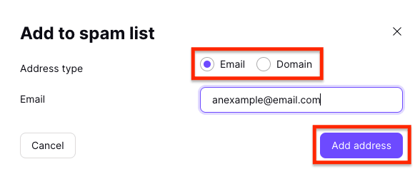 Email or Domain options in the Add to spam list window