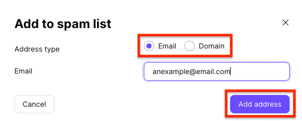 Add to spam list window with options to add an email address or domain