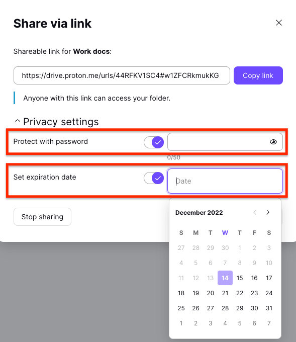 Campi per inserire una password per proteggere i file e impostare una data di scadenza per la condivisione sicura di file con Proton Drive