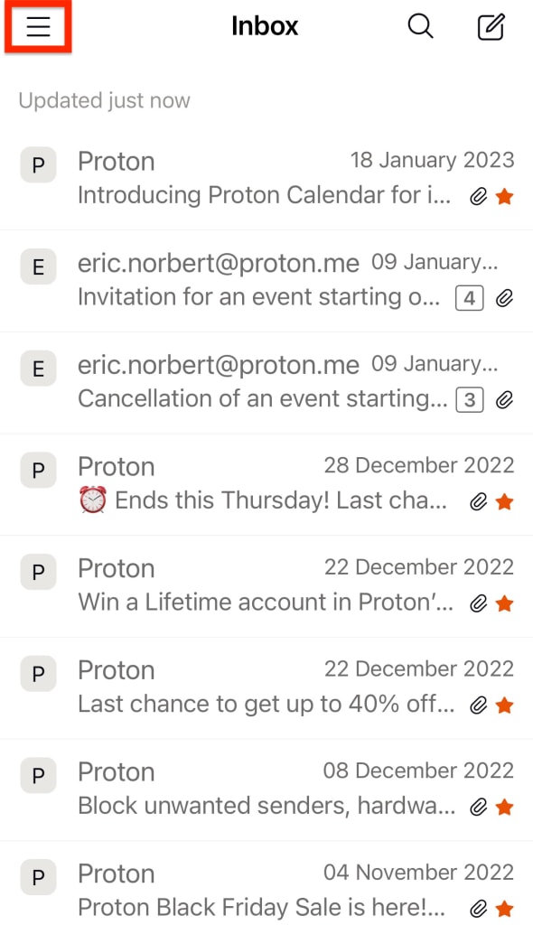 Hamburger menu in the Proton Mail app for iOS