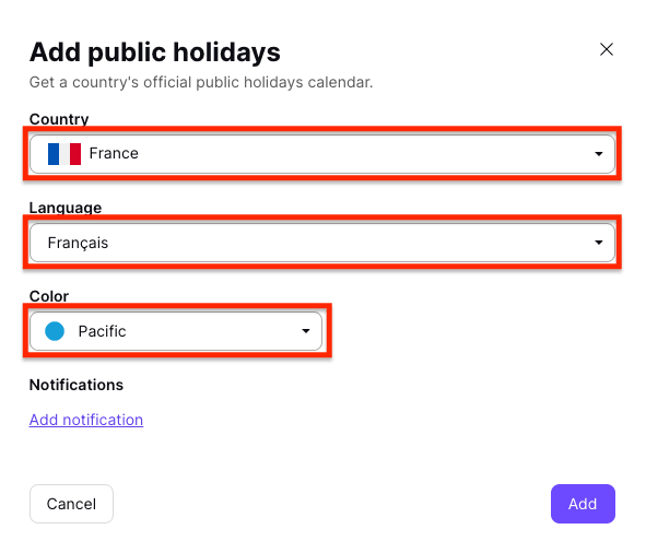 Public holiday dropdown menus