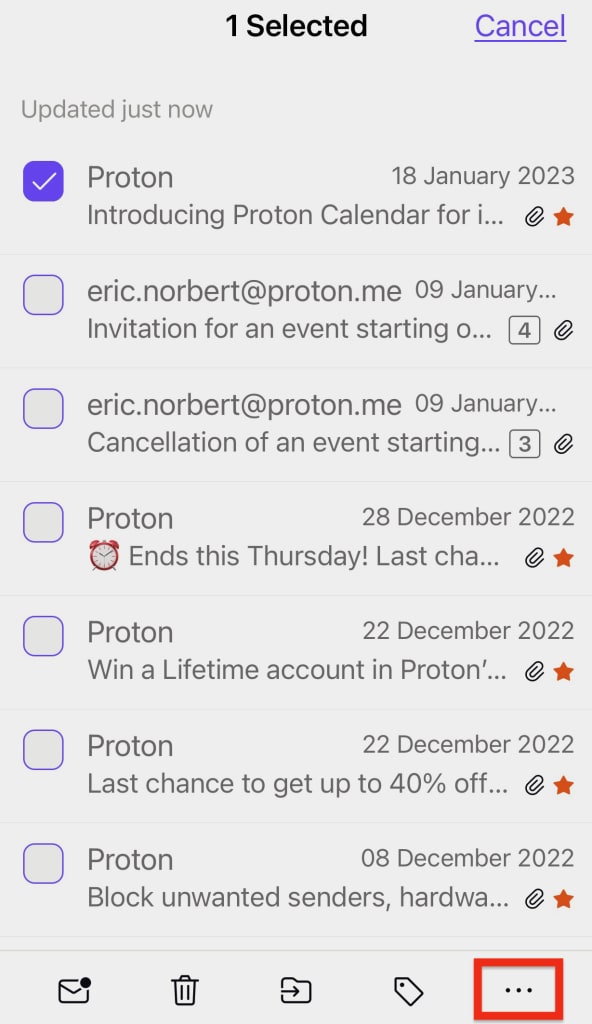 The More icon in your inbox in the Proton Mail app for iOS