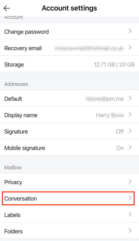 Conversation option in Account settings menu