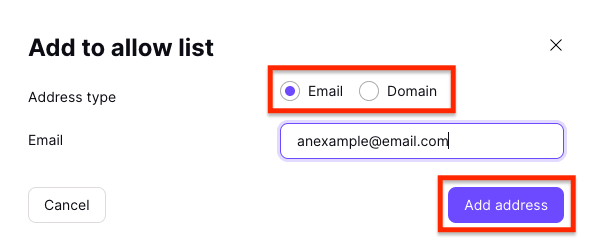 Email or Domain options in the Add to allow list window