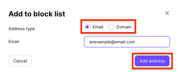 Add to block list window with options to add an email address or domain