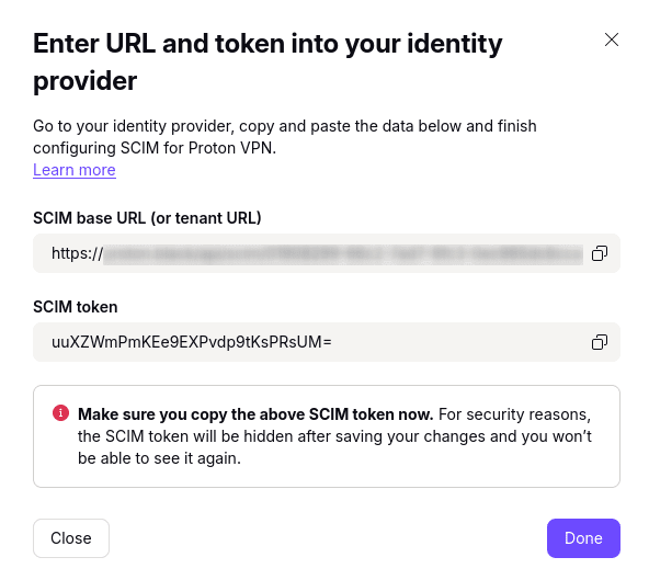 Make a note of the SCIM base URL and SCIM token