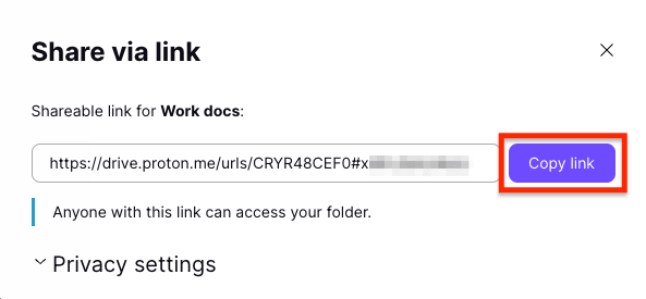 Proton Drive Copy link button to copy a shareable link