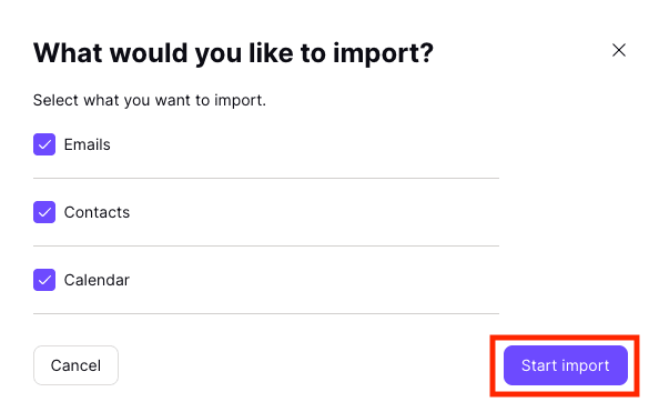 Start import button for Gmail