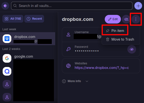 Pin an item in Proton Pass