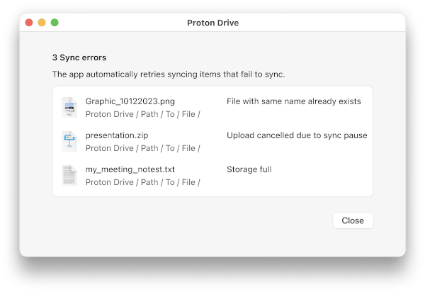 Proton Drive MacOS error details