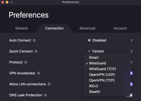 Changing VPN protocols in the Proton VPN app