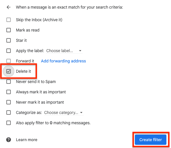 Option Gmail permettant de créer un filtre pour supprimer des e-mails