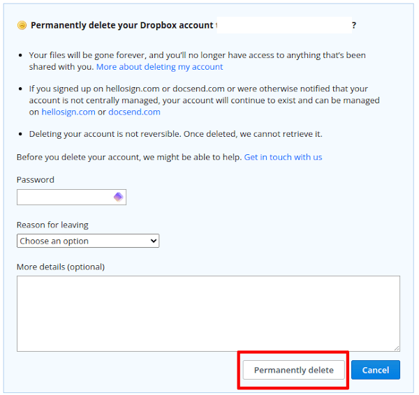 Confirmation of Dropbox account deletion