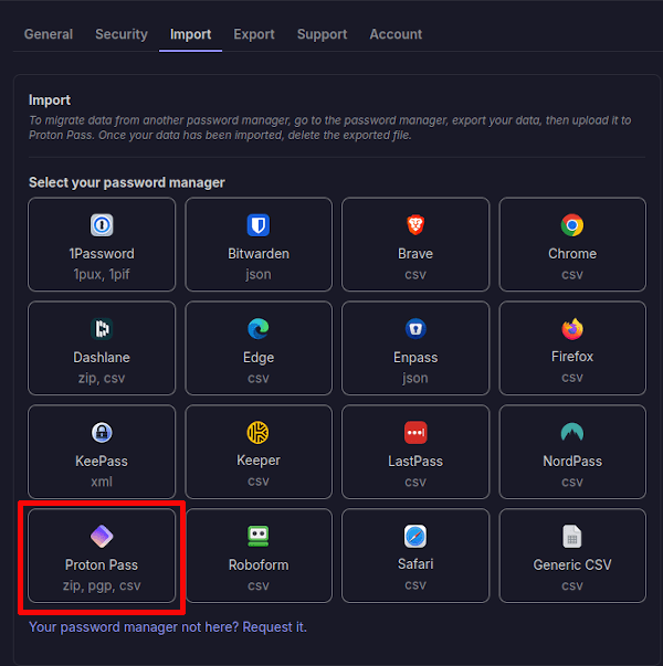 Proton Pass import options