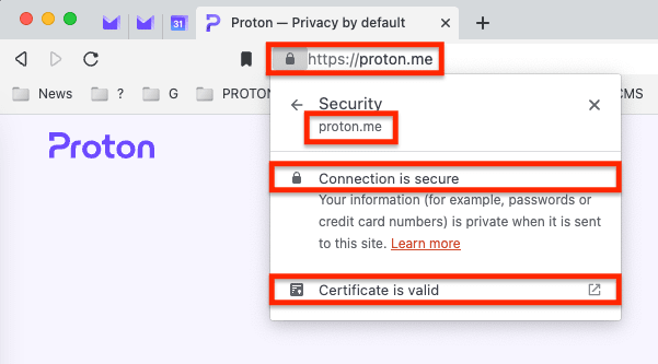 Address bar with padlock and HTTPS web address, showing that the TLS certificate is valid and the connection is secure