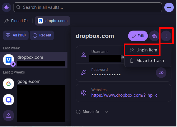 Unpin an item in Proton Pass