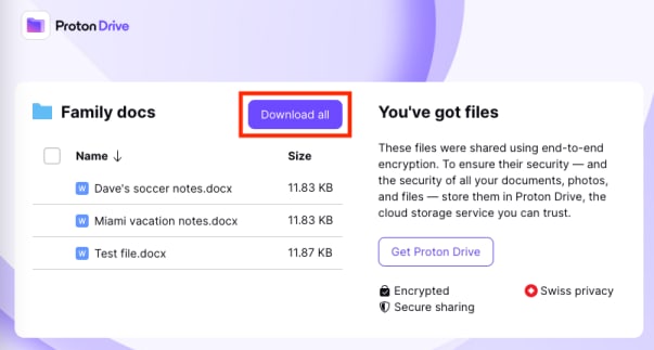 Proton Drive "download all" button