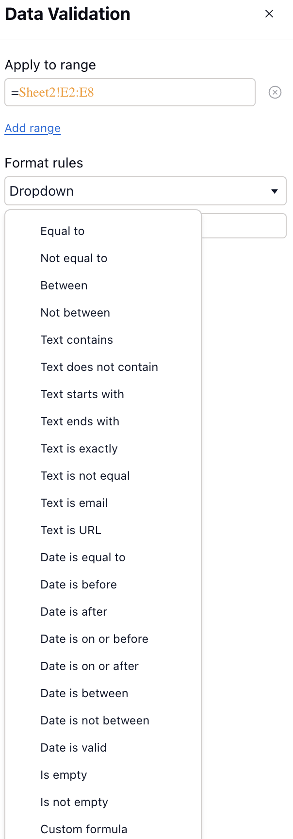 The format rules for data validation in Proton Sheets