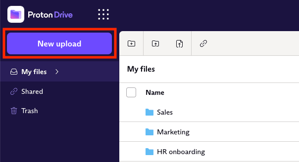 New upload button to upload files to Proton Drive