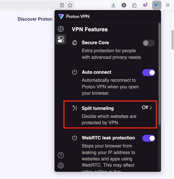 Split tunneling on the browser extension 1