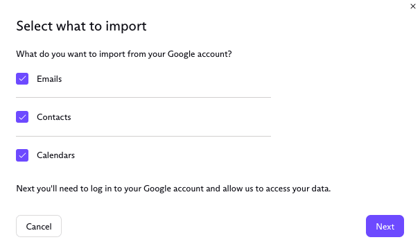 Select what to import: emails, contacts, or calendars