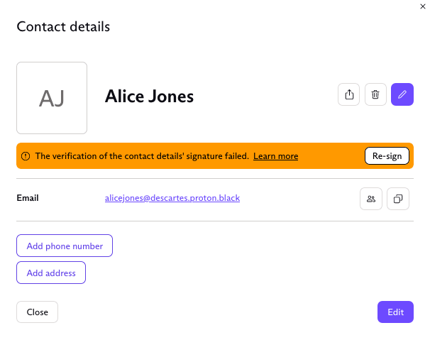 Warning that verification of contact details' signature has failed