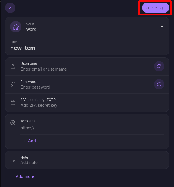 Proton Pass web app creating a new login