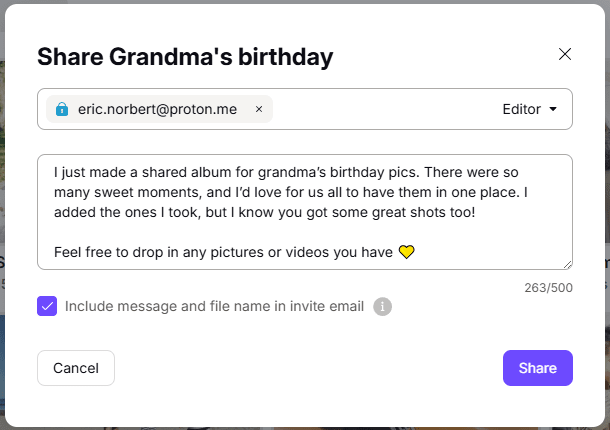 The Proton Drive web app shows how to share an album with someone