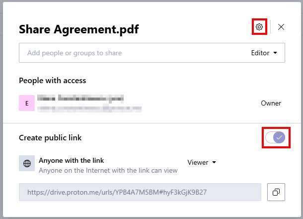 Proton Drive shows how to create a public link for PDF file and access settings