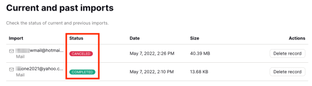 Column showing status of past imports