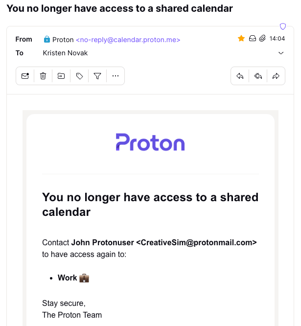 Email notification saying you no longer have access to a shared calendar