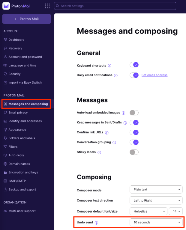 Undo Send button in Proton Mail Settings