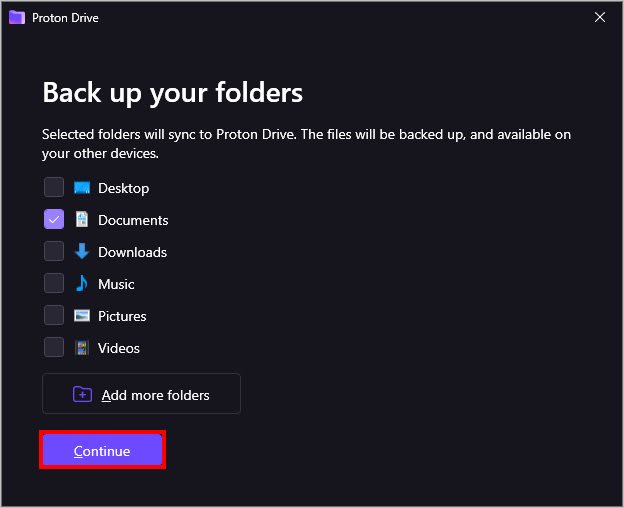 Proton Drive offers to back up folders at first launch after login